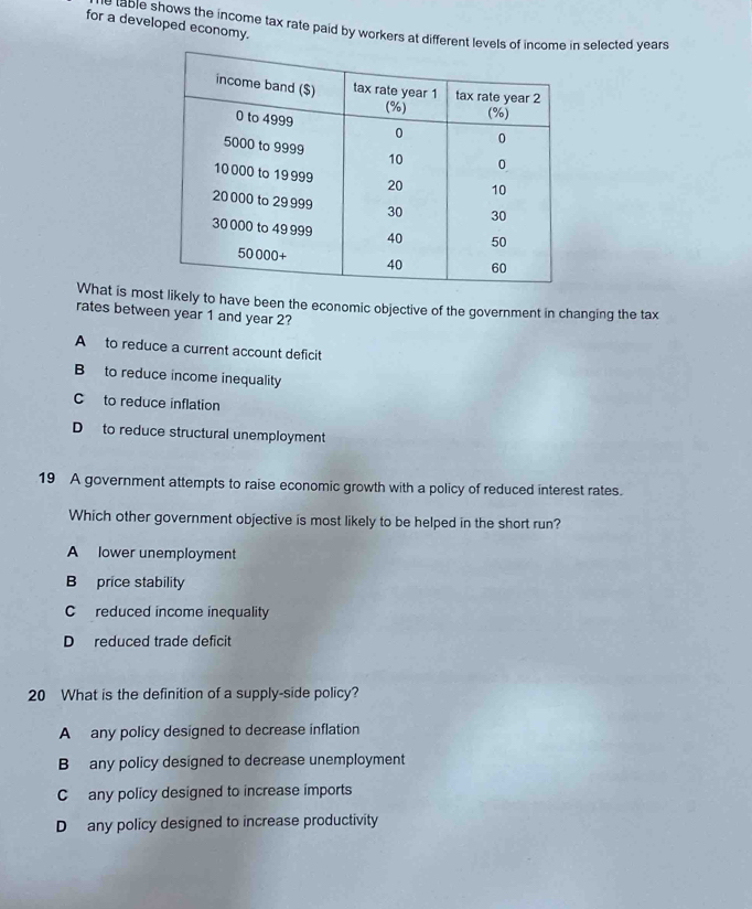 for a developed economy.
e table shows the income tax rate paid by workers at different levels of income in selected years
What is mot likely to have been the economic objective of the government in changing the tax
rates between year 1 and year 2?
A to reduce a current account deficit
B to reduce income inequality
C to reduce inflation
D to reduce structural unemployment
19 A government attempts to raise economic growth with a policy of reduced interest rates.
Which other government objective is most likely to be helped in the short run?
A lower unemployment
B price stability
C reduced income inequality
D reduced trade deficit
20 What is the definition of a supply-side policy?
A any policy designed to decrease inflation
B any policy designed to decrease unemployment
C any policy designed to increase imports
D any policy designed to increase productivity