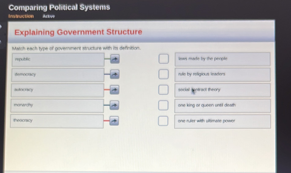 Comparing Political Systems
Instruction Activo
Explaining Government Structure
Match each type of government structure with its definition.
republic laws made by the people
democracy rule by religious leaders
autocracy social i ontract theory
monarchy one king or queen until death
theocracy one ruler with ultimate power