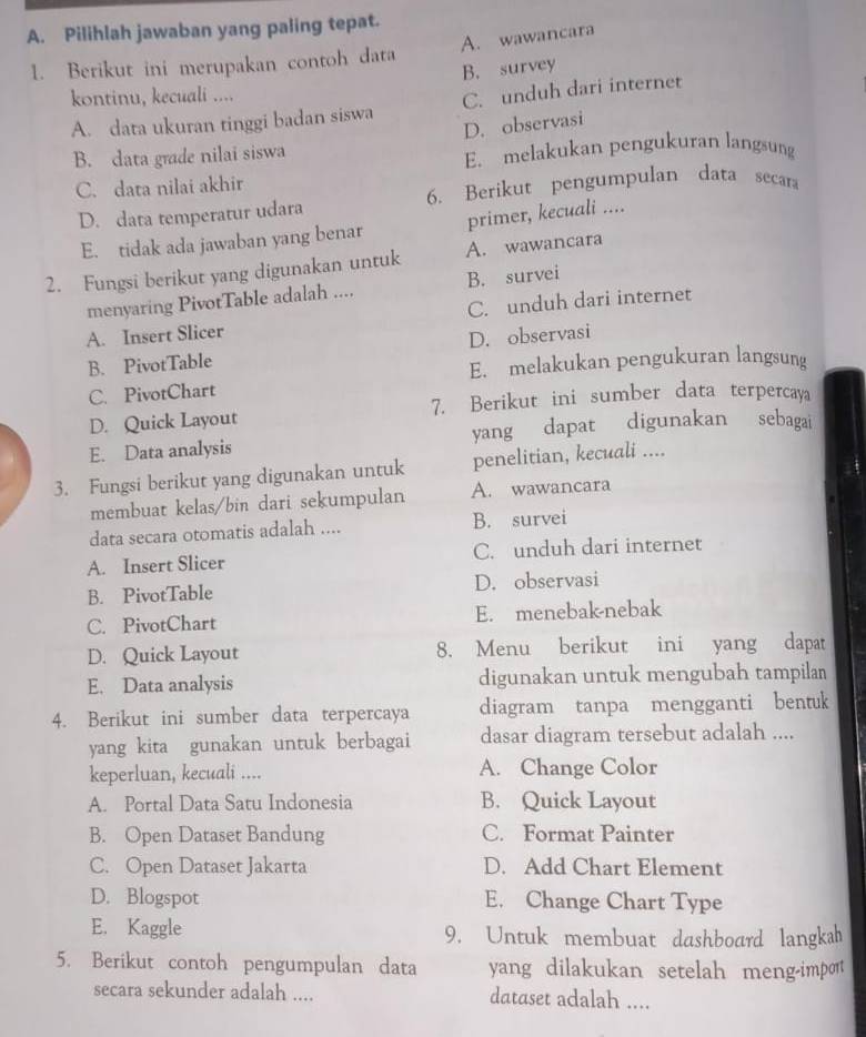 Pilihlah jawaban yang paling tepat.
A. wawancara
1. Berikut ini merupakan contoh data
B. survey
kontinu, kecuali ....
A. data ukuran tinggi badan siswa C. unduh dari internet
D. observasi
B. data grade nilai siswa
E. melakukan pengukuran langsung
C. data nilai akhir
D. data temperatur udara 6. Berikut pengumpulan data secara
E. tidak ada jawaban yang benar primer, kecuali ....
2. Fungsi berikut yang digunakan untuk A. wawancara
menyaring PivotTable adalah .... B. survei
A. Insert Slicer C. unduh dari internet
B. PivotTable D. observasi
E. melakukan pengukuran langsung
C. PivotChart
D. Quick Layout 7. Berikut ini sumber data terpercaya
E. Data analysis yang dapat digunakan sebagai
3. Fungsi berikut yang digunakan untuk penelitian, kecuali ....
membuat kelas/bin dari sekumpulan A. wawancara
data secara otomatis adalah .... B. survei
A. Insert Slicer C. unduh dari internet
B. PivotTable D. observasi
C. PivotChart E. menebak-nebak
a
D. Quick Layout 8. Menu berikut ini yang dapat
E. Data analysis digunakan untuk mengubah tampilan
4. Berikut ini sumber data terpercaya diagram tanpa mengganti bentuk
yang kita gunakan untuk berbagai dasar diagram tersebut adalah ....
keperluan, kecuali .... A. Change Color
A. Portal Data Satu Indonesia B. Quick Layout
B. Open Dataset Bandung C. Format Painter
C. Open Dataset Jakarta D. Add Chart Element
D. Blogspot E. Change Chart Type
E. Kaggle 9. Untuk membuat dashboard langkah
5. Berikut contoh pengumpulan data yang dilakukan setelah meng-import
secara sekunder adalah .... dataset adalah ....