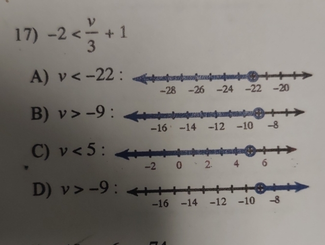 -2
A) v
B) v>-9 :
C) v<5</tex>
D) v>-9