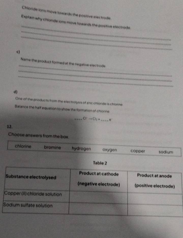 Chloride ions move towards the positive electrode.
_
_
Explain why chloride ions move towards the positive electrode
_
c)
_
Name the product formed at the negative electrode
_
_
d)
One of the products from the electrolysis of zinc chloride is chlorine
Balance the half equation to show the formation of chiorne
_ Cl^-to Cl_2+ _  θ°
12.
Choose answers from the box.
chlorine bromine hydrogen oxygen copper sodium
Table 2