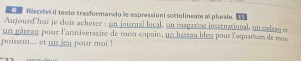 Riscrivi il testo trasformando le espressioni sottolineate al plurale. ES 
Aujourd’hui je dois acheter : un journal local, un magazine international, un cadeau et 
un gâteau pour l'anniversaire de mon copain, un bateau bleu pour l'aquarium de mon 
poisson... et un jeu pour moi !