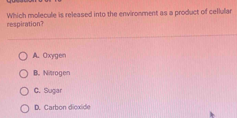 Which molecule is released into the environment as a product of cellular
respiration?
A. Oxygen
B. Nitrogen
C. Sugar
D. Carbon dioxide