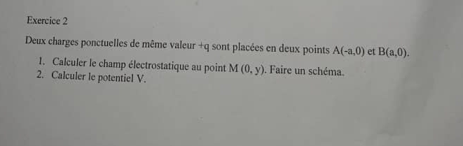 Deux charges ponctuelles de même valeur +q sont placées en deux points A(-a,0) et B(a,0). 
1. Calculer le champ électrostatique au point M(0,y). Faire un schéma. 
2. Calculer le potentiel V.