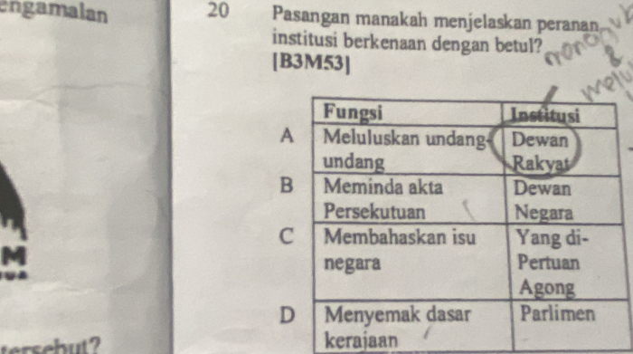 engamalan 20 Pasangan manakah menjelaskan peranan 
institusi berkenaan dengan betul? 
[B3M53] 
M 
tersebut? kerajaan