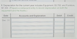 Depreciation for the current year includes Equipment, $3,700; and Fumiture.
$1,300. (Prepare a compound entry to record depreciation on both the 
equipment and the trucks.)