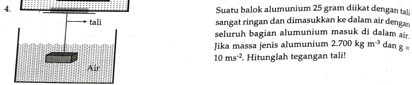 Suatu balok alumunium 25 gram diikat dengan tali 
sangat ringan dan dimasukkan ke dalam air dengan 
seluruh bagian alumunium masuk di dalam air. 
Jika massa jenis alumunium 2.700kgm^(-3) dan g=
10ms^(-2). Hitunglah tegangan tali!