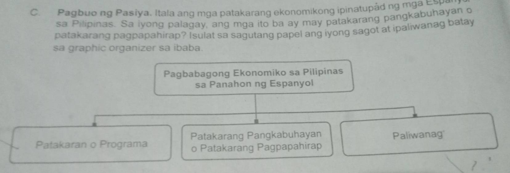 Pagbuo ng Pasiya. Itala ang mga patakarang ekonomikong ipinatupåd ng mga Esp 
sa Pilipinas. Sa iyong palagay, ang mga ito ba ay may patakarang pangkabuhayan o 
patakarang pagpapahirap? Isulat sa sagutang papel ang iyong sagot at ipaliwanag batay 
sa graphic organizer sa ibaba. 
Pagbabagong Ekonomiko sa Pilipinas 
sa Panahon ng Espanyol 
Patakarang Pangkabuhayan 
Patakaran o Programa Paliwanag 
o Patakarang Pagpapahirap