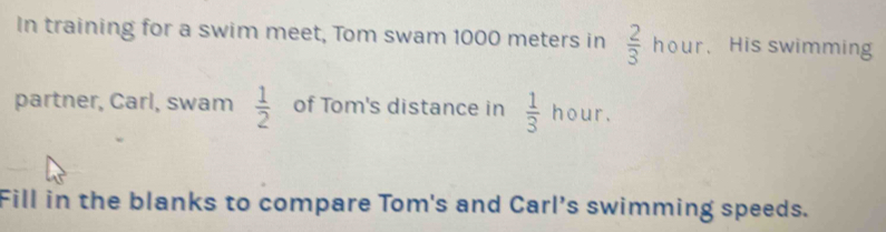 In training for a swim meet, Tom swam 1000 meters in  2/3 hour 、 His swimming 
partner, Carl, swam  1/2  of Tom's distance in  1/3 hour. 
Fill in the blanks to compare Tom's and Carl's swimming speeds.