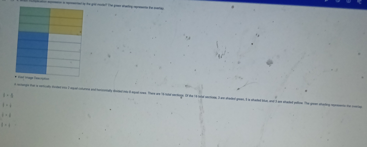 munipacation expression is represented by the grid model? The green shading represents the overlap 
* Viev Image Description
 1/8 *  4/12 
A rectangle that is vertically divided into 2 equal columns and horizontally divided into 8 equal rows. There are 16 total sections. Of the 16 total sections, 3 are shaded green, 5 is shaded blue, and 3 are shaded yellow. The green shading represents the overlap
 2/3 *  1/3 
 1/2 
 1/2 *  1/7 =