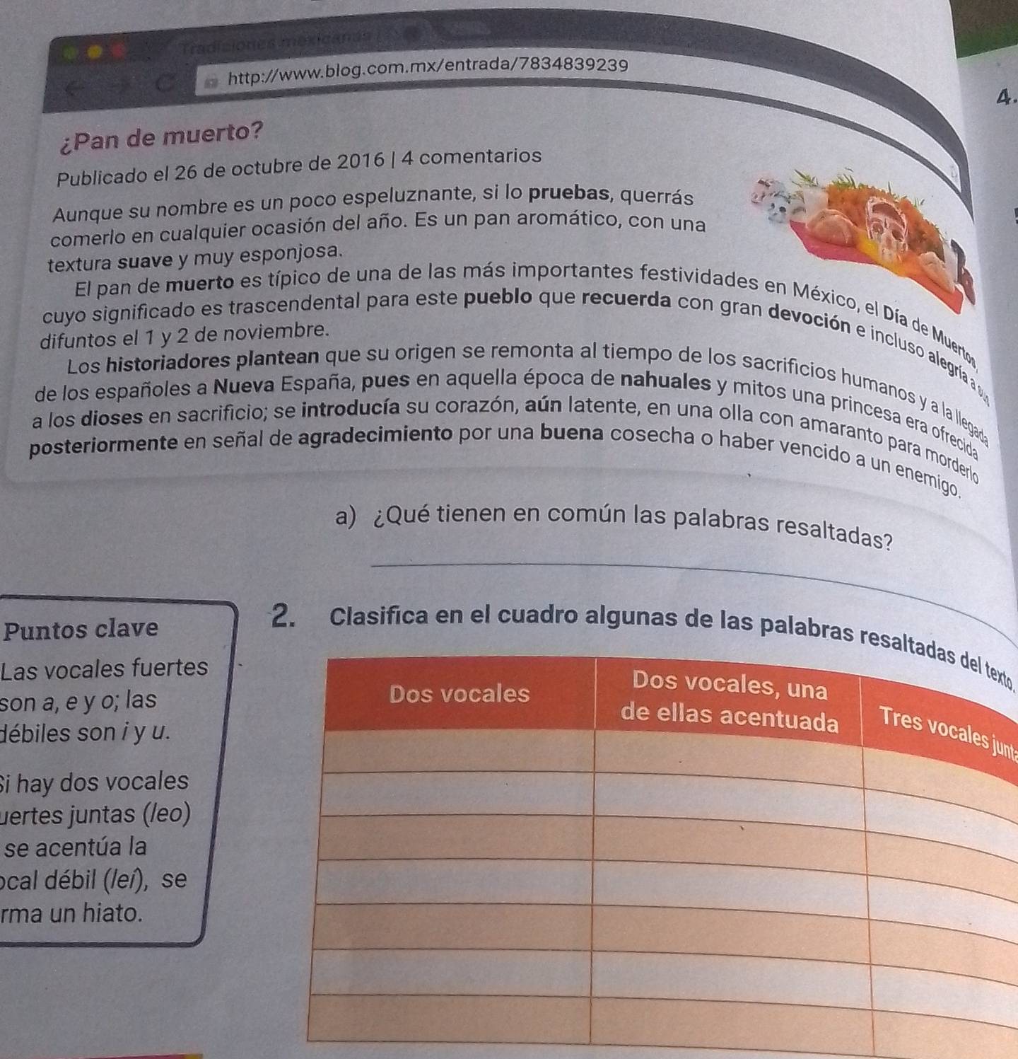 Tradiciones mexicanás 
C http://www.blog.com.mx/entrada/7834839239 
4. 
¿Pan de muerto? 
Publicado el 26 de octubre de 2016 | 4 comentarios 
Aunque su nombre es un poco espeluznante, si lo pruebas, querrás 
comerlo en cualquier ocasión del año. Es un pan aromático, con una 
textura suave y muy esponjosa. 
El pan de muerto es típico de una de las más importantes festividades en México, el Día de Muerto 
difuntos el 1 y 2 de noviembre. 
cuyo significado es trascendental para este pueblo que recuerda con gran devoción e incluso alegría a p 
Los historiadores plantean que su origen se remonta al tiempo de los sacrificios humanos y a la llegada 
de los españoles a Nueva España, pues en aquella época de nahuales y mitos una princesa era ofrecida 
a los dioses en sacrificio; se introducía su corazón, aún latente, en una olla con amaranto para morderlo 
posteriormente en señal de agradecimiento por una buena cosecha o haber vencido a un enemigo. 
a) ¿Qué tienen en común las palabras resaltadas? 
Puntos clave 
_ 
2. Clasifica en el cuadro algunas de las palabrato. 
Las vocales fuertes 
son a, e y o; las 
unt 
débiles son i y u. 
Si hay dos vocales 
uertes juntas (leo) 
se acentúa la 
ocal débil (leí), se 
rma un hiato.