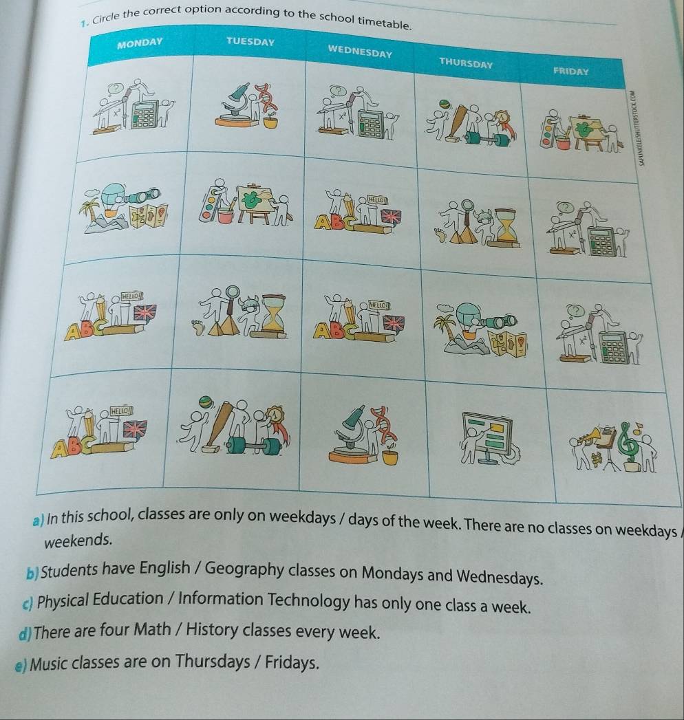 Circle the correct option according to the school timetable.
ays
weekends.
b) Students have English / Geography classes on Mondays and Wednesdays.
c) Physical Education / Information Technology has only one class a week.
d)There are four Math / History classes every week.
e) Music classes are on Thursdays / Fridays.