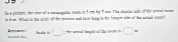 In a picturre, the size of a rectangular mam is 5-cm by 7 cm. The shorter side of the actual man 
is 6 m. What is the scale of the pasture and how long is the longer side of the actual mon? 
Answer: Scale a □; the actual length of the mom is □ π