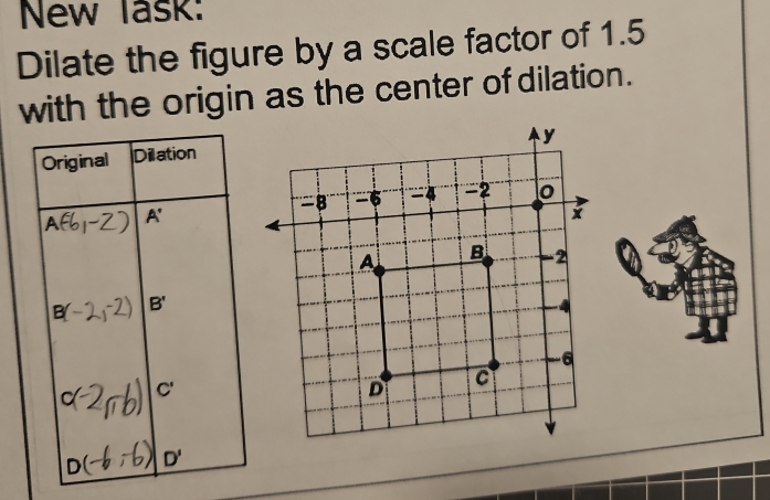 New lask: 
Dilate the figure by a scale factor of 1.5
with the origin as the center of dilation. 
Original Dilation
A A'
B( B'
C'
D'