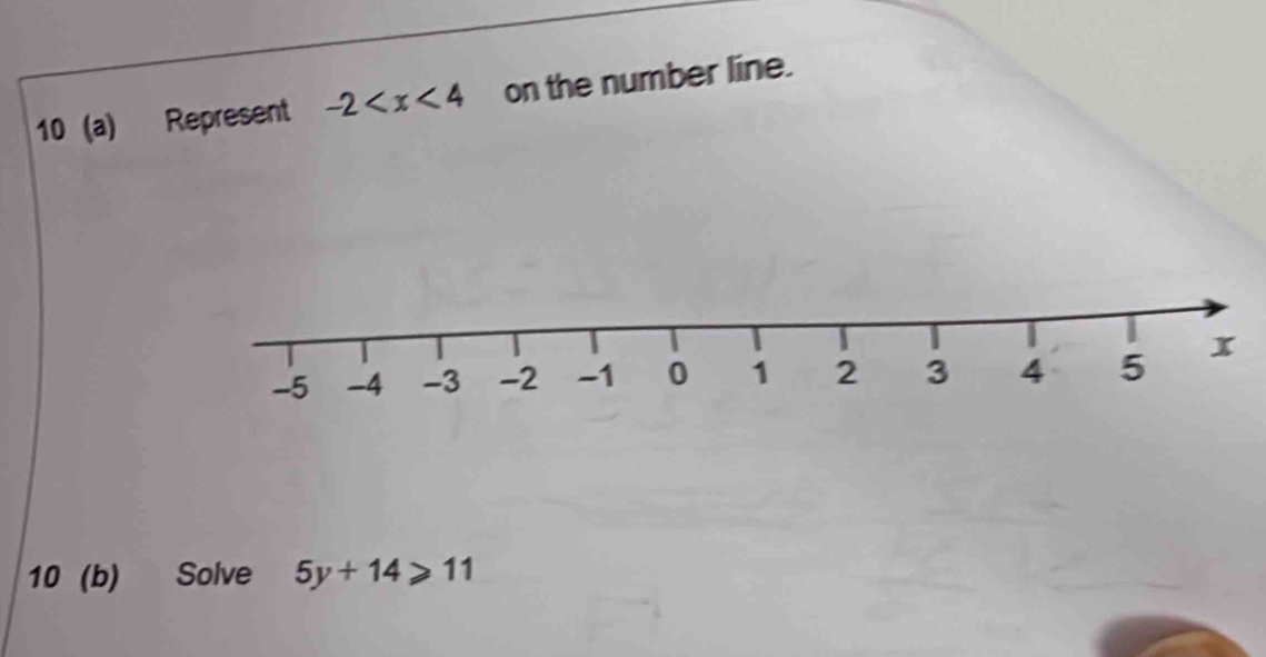 10 (a) Represent -2 on the number line. 
10 (b) Solve 5y+14≥slant 11