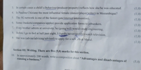 In certain cases a child’s (behaviour/producer/property) reflects how she/he was educated. (1,0)
4. Is Paulina Chiziane the most influential female (dancer/player/writer) in Mozambique? (1,0)
5. The 5G network is one of the fastest (gate/internet/intervention). (1,0)
6. Some (baskets/companies/apples) provide application forms to jobseekers.
(1,0)
7. If my brother admits at university, he (going/will/would) study engineering.
(1,0)
8. Before I go to bed at half past eight, I (hardly/never/usually) watch television. (1,0)
9. She was (advise/advising/advised to apply for a new job at Mozal.
(1,0)
Section III: Writing. There are five (5,0) marks for this section.
10. In approximately 200 words, write a composition about “Advantages and disadvantages of (5,0)
running a business.”