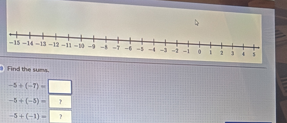 Find the sums.
-5+(-7)=□
-5+(-5)= ?
-5+(-1)= ?