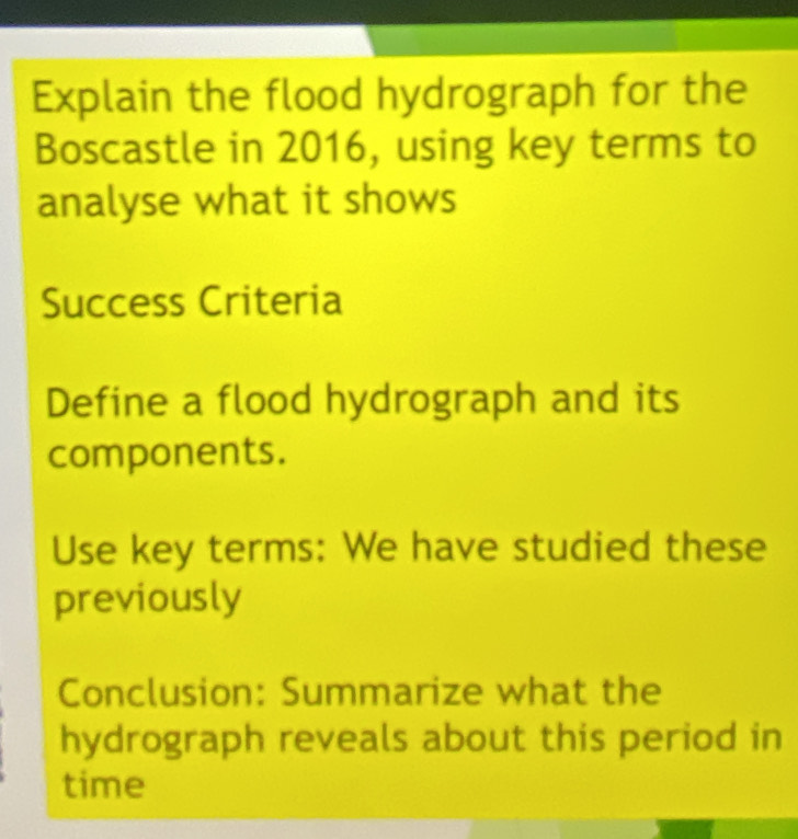 Explain the flood hydrograph for the 
Boscastle in 2016, using key terms to 
analyse what it shows 
Success Criteria 
Define a flood hydrograph and its 
components. 
Use key terms: We have studied these 
previously 
Conclusion: Summarize what the 
hydrograph reveals about this period in 
time