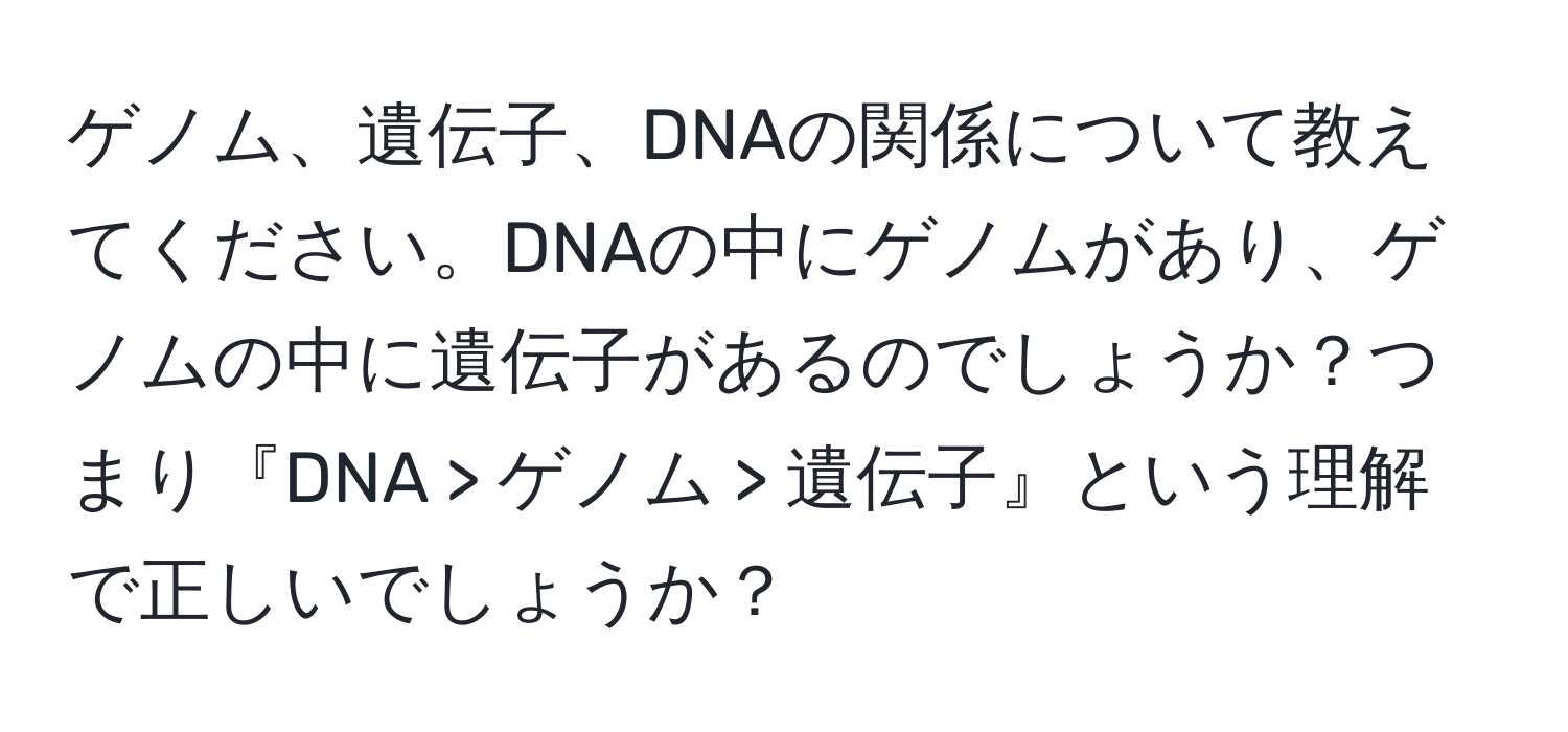 ゲノム、遺伝子、DNAの関係について教えてください。DNAの中にゲノムがあり、ゲノムの中に遺伝子があるのでしょうか？つまり『DNA > ゲノム > 遺伝子』という理解で正しいでしょうか？