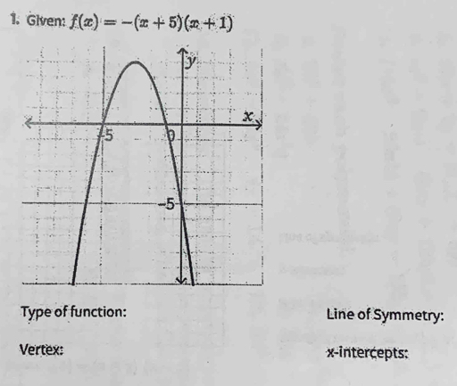 Given: f(x)=-(x+5)(x+1)
Type of function: Line of Symmetry: 
Vertex: x-intercepts: