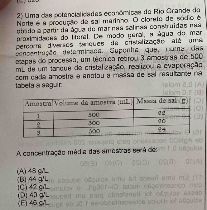 Uma das potencialidades econômicas do Rio Grande do
Norte é a produção de sal marinho. O cloreto de sódio é
obtido a partir da água do mar nas salinas construídas nas
proximidades do litoral. De modo geral, a água do mar
percorre diversos tanques de cristalização até uma
concentração determinada. Suponha que, nura das
etapas do processo, um técnico retirou 3 amostras de 500
mL de um tanque de cristalização, realizou a evaporação
com cada amostra e anotou a massa de sal resultante na
tabela a seguir:
A concentração média das amostras será de:
(A) 48 g/L.
(B) 44 g/L
(C) 42 g/L
(D) 40 g/L.
(E) 46 g/L.