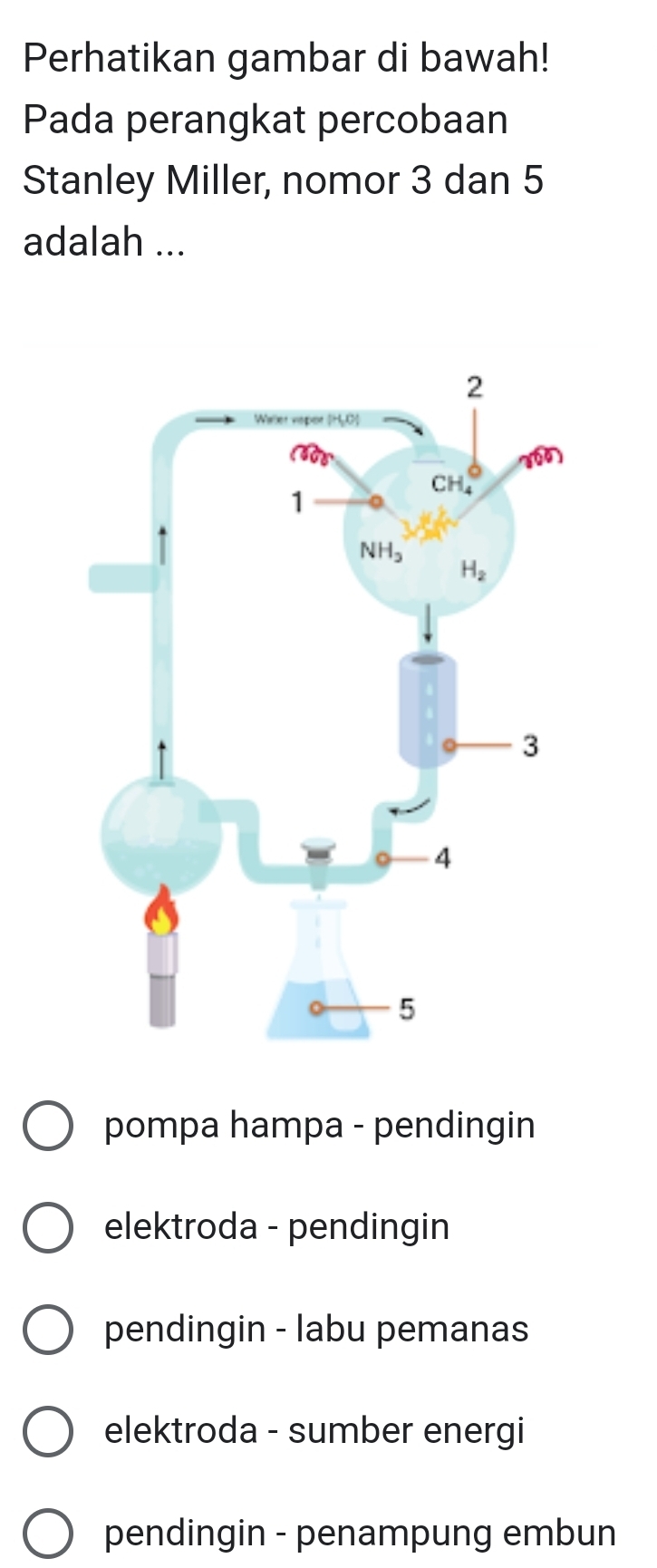 Perhatikan gambar di bawah!
Pada perangkat percobaan
Stanley Miller, nomor 3 dan 5
adalah ...
pompa hampa - pendingin
elektroda - pendingin
pendingin - labu pemanas
elektroda - sumber energi
pendingin - penampung embun