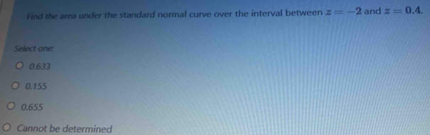 Find the area under the standard normal curve over the interval between z=-2 and z=0.4. 
Select one:
0.633
0.155
0.655
Cannot be determined