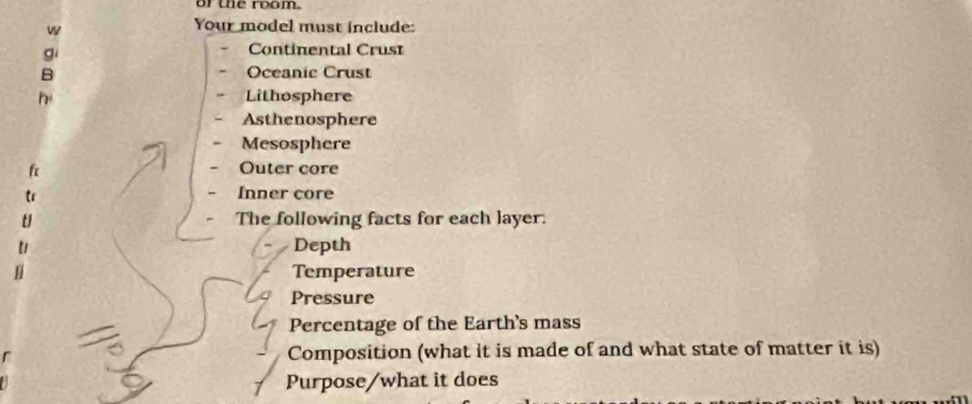 or the room. 
Your model must include: 
g 
Continental Crust 
B Oceanic Crust 
h Lithosphere 
Asthenosphere 
Mesosphere 
f Outer core 

Inner core 
U The following facts for each layer. 
【1 Depth 
Temperature 
Pressure 
Percentage of the Earth's mass 
Composition (what it is made of and what state of matter it is) 
Purpose/what it does