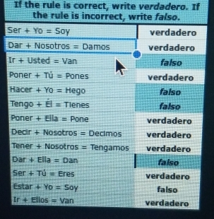 If the rule is correct, write verdadero. If