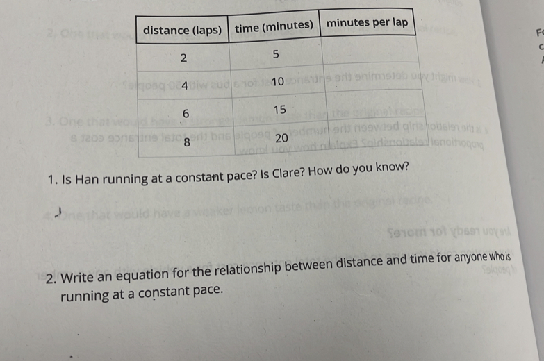 Is Han running at a constant pace? Is Clare? How do 
2. Write an equation for the relationship between distance and time for anyone who is 
running at a constant pace.