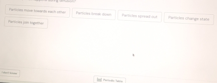 amusion?
Particles move towards each other Particles break down Particles spread out Particles change state
Particles join together
I den't knaw
Perodic Iable