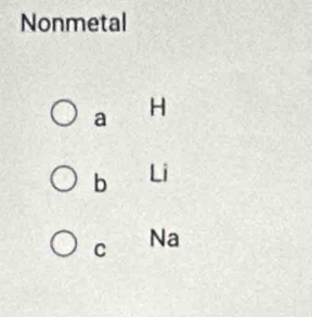 Nonmetal
a H
b Li
c Na