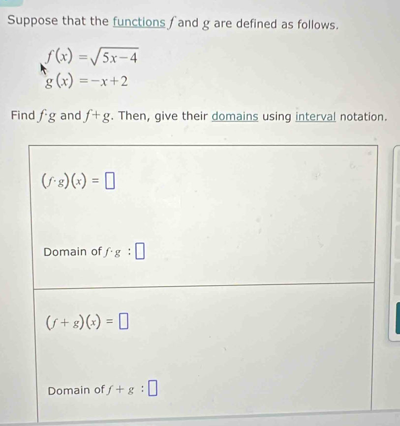 Suppose that the functions f and g are defined as follows.
f(x)=sqrt(5x-4)
g(x)=-x+2
Find fg and f+g. Then, give their domains using interval notation.