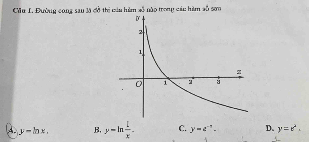 Đường cong sau là đồ thị của hàm số nào trong các hàm số sau
C.
A. y=ln x. B. y=ln  1/x . y=e^(-x). D. y=e^x.