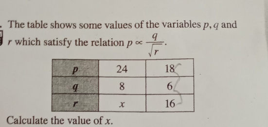 The table shows some values of the variables p, q and
r which satisfy the relation palpha  q/sqrt(r) . 
Calculate the value of x.