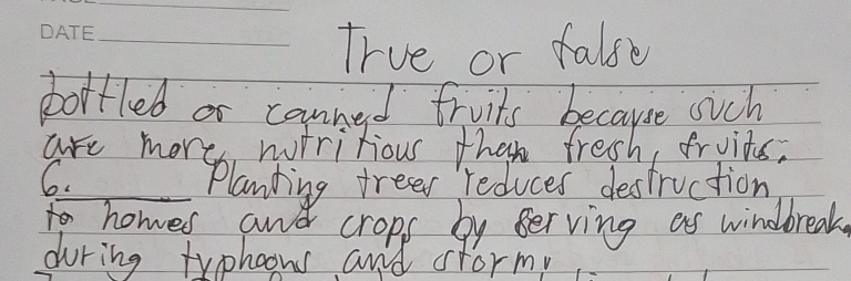 True or false 
bottled or canned fruits because such 
are more worritious than fresh, fruits. 
6._ _Planhing trees reduces destruction 
tohomes and crops by Berving as windbreak 
during typhoons and crorm