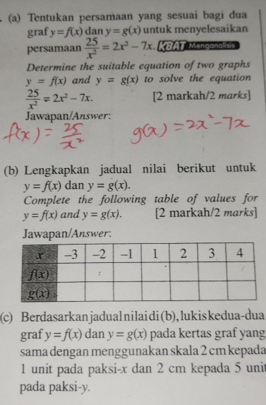 Tentukan persamaan yang sesuai bagi dua
graf y=f(x) dan y=g(x) untuk menyelesaikan
persamaan  25/x^2 =2x^2-7x KBAT Menganalisis
Determine the suitable equation of two graphs
y=f(x) and y=g(x) to solve the equation
 25/x^2 =2x^2-7x. [2 markah/2 marks]
Jawapan/Answer:
(b) Lengkapkan jadual nilai berikut untuk
y=f(x) dan y=g(x).
Complete the following table of values for
y=f(x) and y=g(x). [2 markah/2 marks]
Jawapan/Answer:
(c) Berdasarkanjadualnilaidi(b),lukiskedua-dua
graf y=f(x) dan y=g(x) pada kertas graf yang
sama dengan menggunakan skala 2 cm kepada
1 unit pada paksi-x dan 2 cm kepada 5 unit
pada paksi-y.