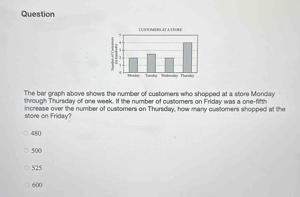 Question
CUSTOMERS AT A STORE
The bar graph above shows the number of customers who shopped at a store Monday
through Thursday of one week. If the number of customers on Friday was a one-fifth
increase over the number of customers on Thursday, how many customers shopped at the
store on Friday?
480
500
525
600