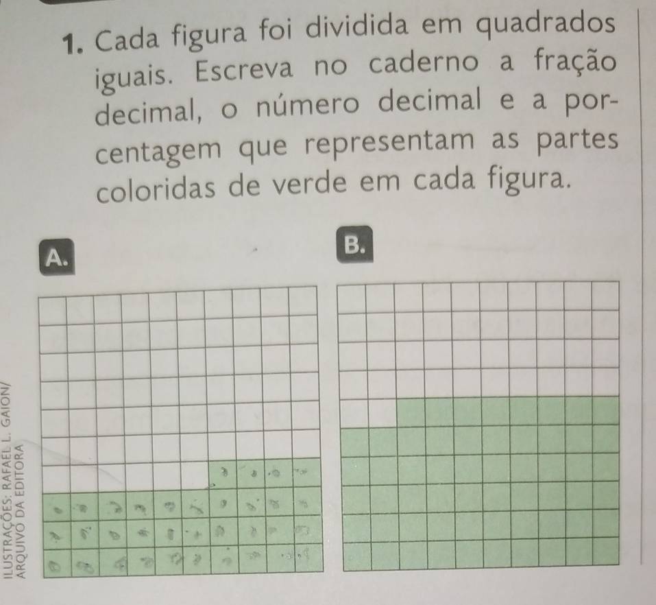 Cada figura foi dividida em quadrados 
iguais. Escreva no caderno a fração 
decimal, o número decimal e a por- 
centagem que representam as partes 
coloridas de verde em cada figura. 
A. 
B. 
2ō 
D