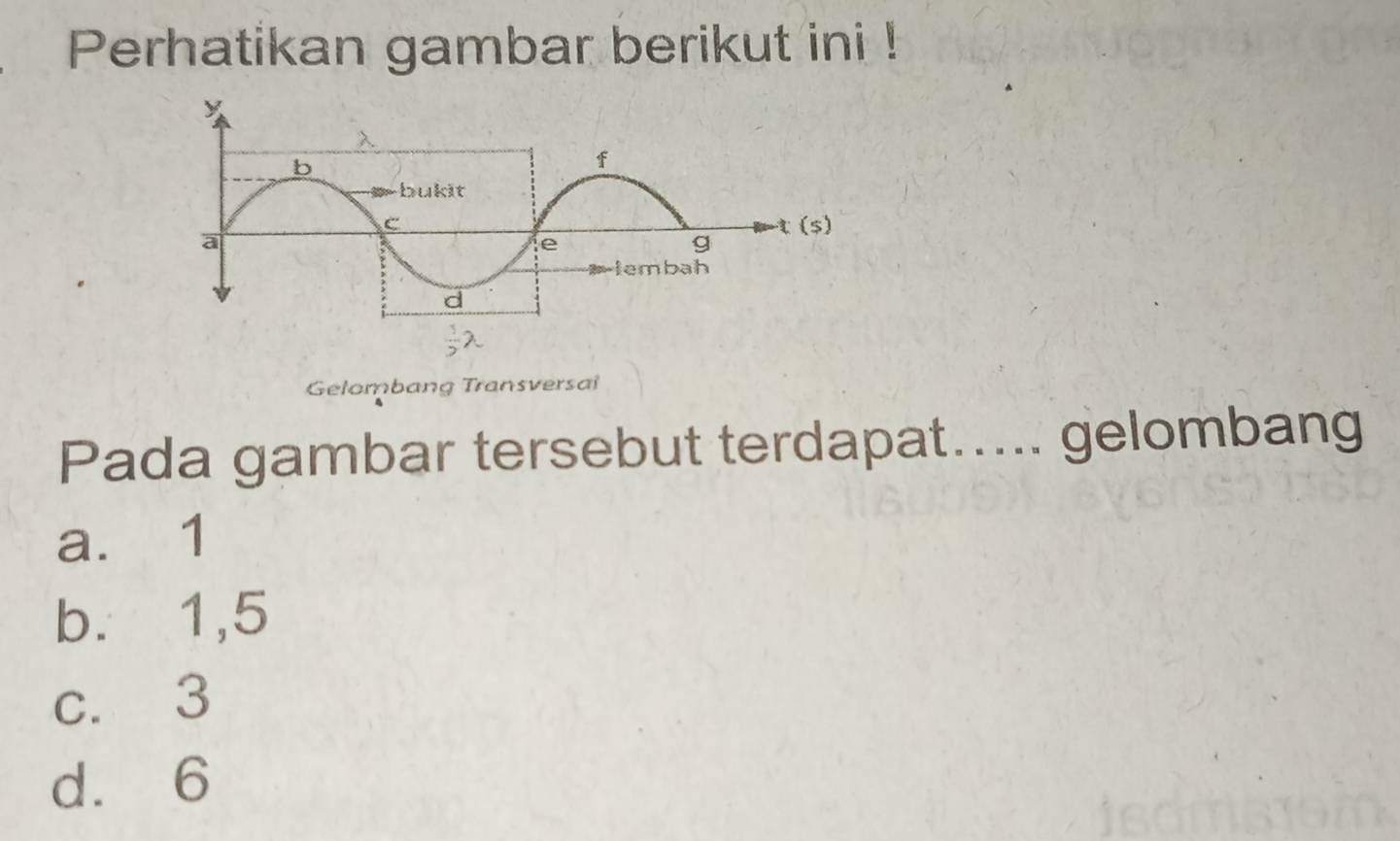 Perhatikan gambar berikut ini !
Gelombang Transversal
Pada gambar tersebut terdapat..... gelombang
a. 1
b. 1, 5
c. 3
d. 6