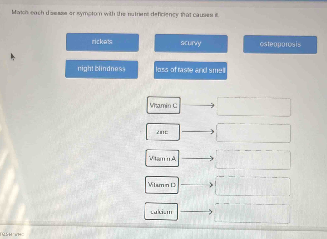 Match each disease or symptom with the nutrient deficiency that causes it.
rickets scurvy osteoporosis
night blindness loss of taste and smell
Vitamin C
zinc
Vitamin A
Vitamin D
calcium
reserved.