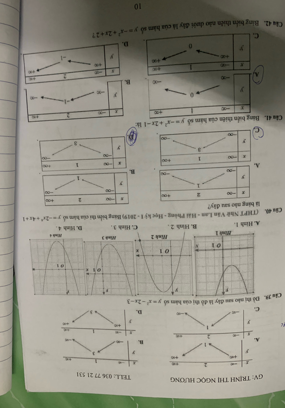 GV: TRỊNH THỊ NGỌC HƯƠNG
TELL: 036 77 21 531
x -∞ 2 +∞ x -∞ 1 +∞
+∞
+∞
y
y
3
1
A.
B.
-∞
x -∞ 2 +∞
x -∞ 1 +∞
1
4 ( y
+∞
y
+∞
-∞
C. _ ∞ D. 3
Câu 39. Đồ thị nào sau đây là đồ thị của hàm số y=x^2-2x-3
B. Hình 2 . C. Hình 3 .
A. Hinh 1. D. Hình 4 .
Câu 40. (THPT Nhữ Văn Lan - Hải Phòng - Học kỳ I - 2019) Bảng biến thi của hàm số y=-2x^4+4x+1
là bảng nào sau đây?
x -∞ 2 +∞
1
y
-∞
-∞
x -∞ 1 +∞
-∞
-∞
y
3
Câu 41. Bảng biến thiên của hàm số y=-x^2+2x-1 là:
x -∞ 1 +∞
x -∞ 2 +∞
-1.
0
-∞
y -∞
y
-∞ B.
-∞
+∞
A
x
-∞ 1 +∞ -∞ 2
+∞
+∞
+∞
+∞
y
-1
y
0
D.
C.
Câu 42. Bảng biến thiên nào dưới đây là của hàm số y=-x^2+2x+2 ?
10