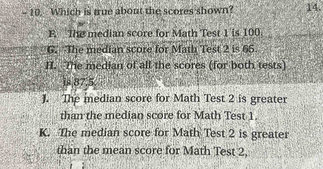 Which is true about the scores shown? 14. F. The median score for Math ...