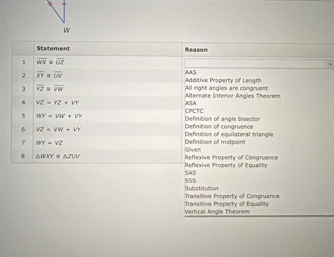 Statement Reason
1 overline WX≌ overline UZ
2 overline XY≌ overline UV AAS
Additive Property of Length
3 overline YZ≌ overline VW All right angles are congruent
Alternate Interior Angles Theorem
4 VZ=YZ+VY ASA
CPCTC
5 WY=VW+VY
Definition of angle bisector
6 VZ=VW+VY
Definition of congruence
Definition of equilateral triangle
7 WY=VZ Definition of midpoint
Given
8 △ WXY≌ △ ZUV
Reflexive Property of Congruence
Reflexive Property of Equality
SAS
SSS
Substitution
Transitive Property of Congruence
Transitive Property of Equality
Vertical Angle Theorem