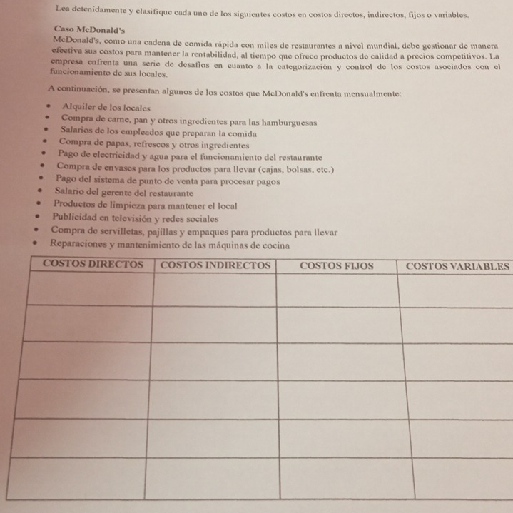 Lea detenidamente y clasifique cada uno de los siguientes costos en costos directos, indirectos, fijos o variables.
Caso McDonald's
McDonald's, como una cadena de comida rápida con miles de restaurantes a nivel mundial, debe gestionar de manera
efectiva sus costos para mantener la rentabilidad, al tiempo que ofrece productos de calidad a precios competitivos. La
empresa enfrenta una serie de desafíos en cuanto a la categorización y control de los costos asociados con el
funcionamiento de sus locales.
A continuación, se presentan algunos de los costos que McDonald's enfrenta mensualmente:
Alquiler de los locales
Compra de carne, pan y otros ingredientes para las hamburguesas
Salarios de los empleados que preparan la comida
Compra de papas, refrescos y otros ingredientes
Pago de electricidad y agua para el funcionamiento del restaurante
Compra de envases para los productos para llevar (cajas, bolsas, etc.)
Pago del sistema de punto de venta para procesar pagos
Salario del gerente del restaurante
Productos de limpieza para mantener el local
Publicidad en televisión y redes sociales
Compra de servilletas, pajillas y empaques para productos para llevar
Reparaciones y mantenimiento de las máquinas de cocina
ES