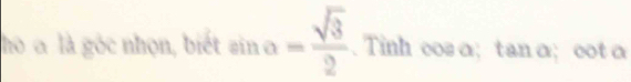 hò à là góc nhọn, biết sin a= sqrt(3)/2 . Tinh cos a; tan a; ; cot a