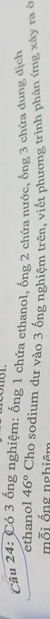 Có 3 ống nghiệm: ống 1 chứa ethanol, ống 2 chứa nước, ống 3 chứa dung dịch 
ethano 146° Cho sodium dư vào 3 ống nghiệm trên, viết phương trình phản ứng xảy ra ở 
mỗi ống nghiêm