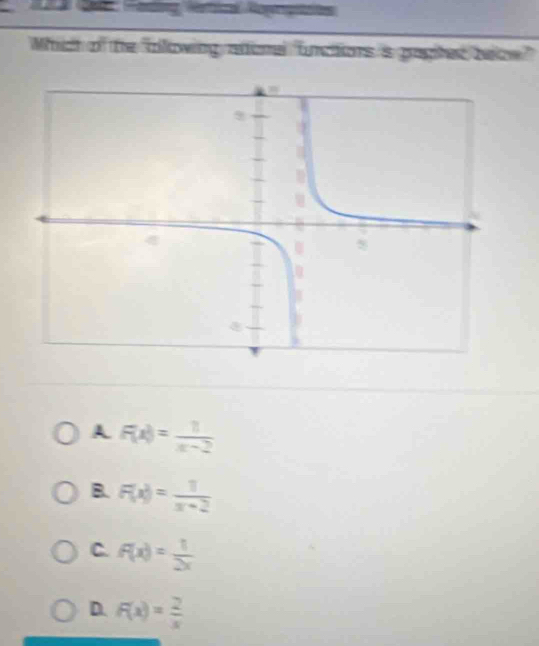 23 2r Fadng Vertinl Roprptios
Which of the ollowing atomel functions s poghed beoe"
A F(x)= 1/x-2 
B. F(x)= 1/x+2 
C. f(x)= 1/2x 
D. F(x)= 2/x 