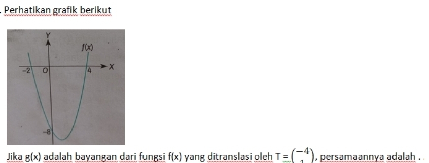 Perhatikan grafik berikut
Jika g(x) adalah bayangan dari fungsi f(x) yang ditranslasi oleh T=(^-4) , persamaannya adalah .