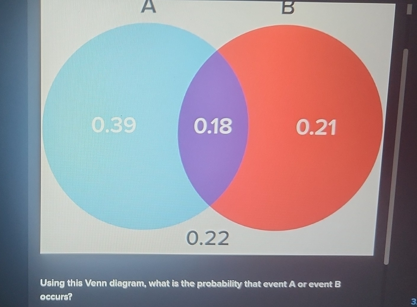 A 
B 
I 
Using this Venn diagram, what is the probability that event A or event B
occurs?
3